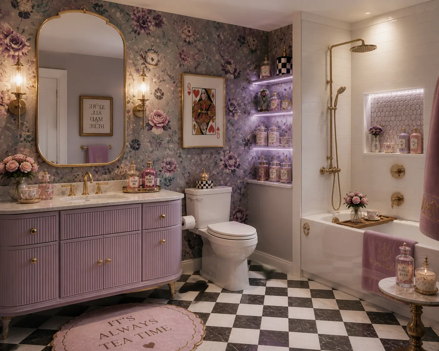 Bathroom with a lavender vanity, floral wallpaper, gold mirror and fixtures, checkerboard floor, blush pink bath rug, apothecary shelves, and a warm white tub with decorative accessories.