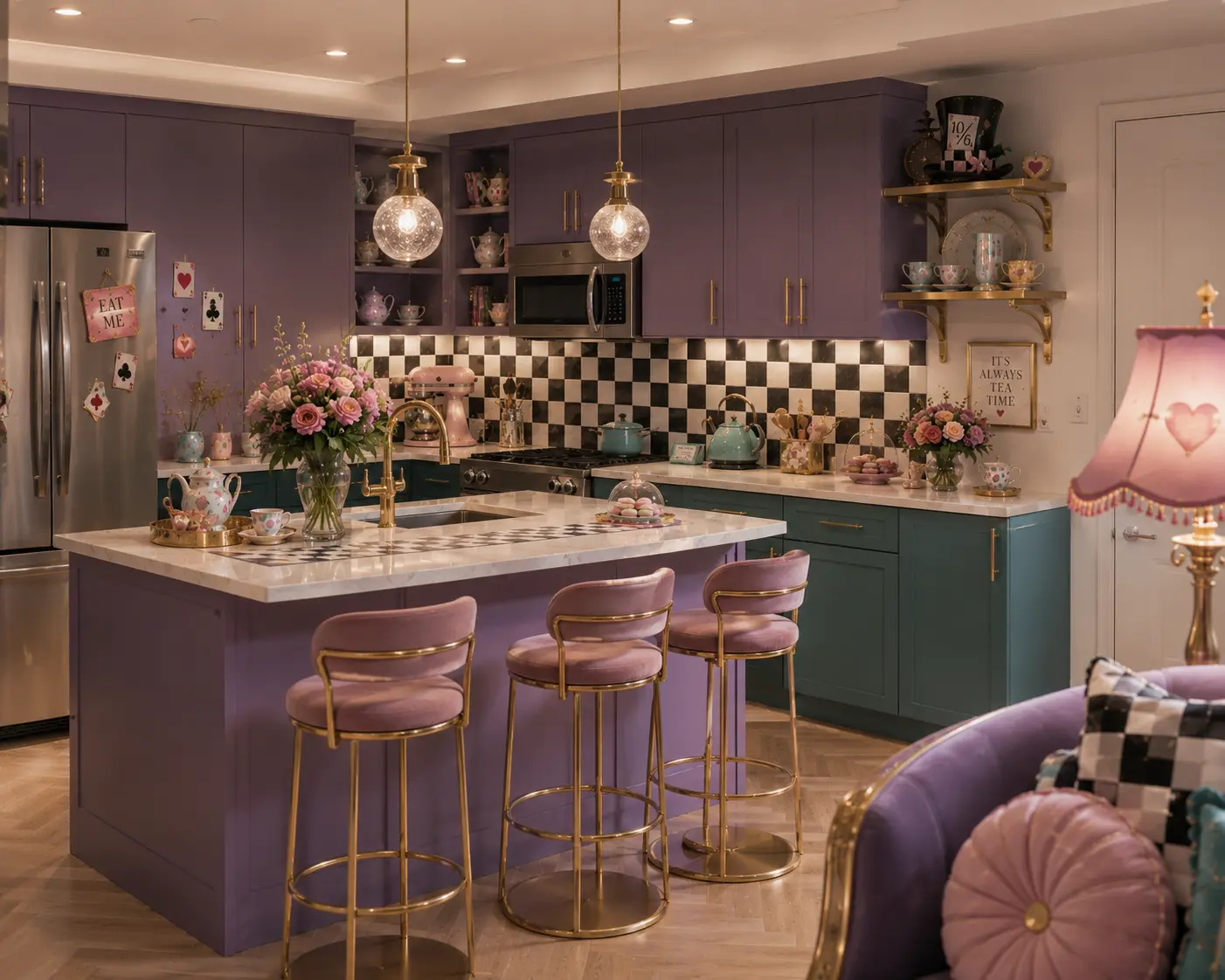 Kitchen with lavender cabinets, teal lower cabinetry, blush pink bar stools, checkerboard backsplash, gold faucet, floral arrangements, tea-party decor, and globe pendant lighting above a kitchen island.