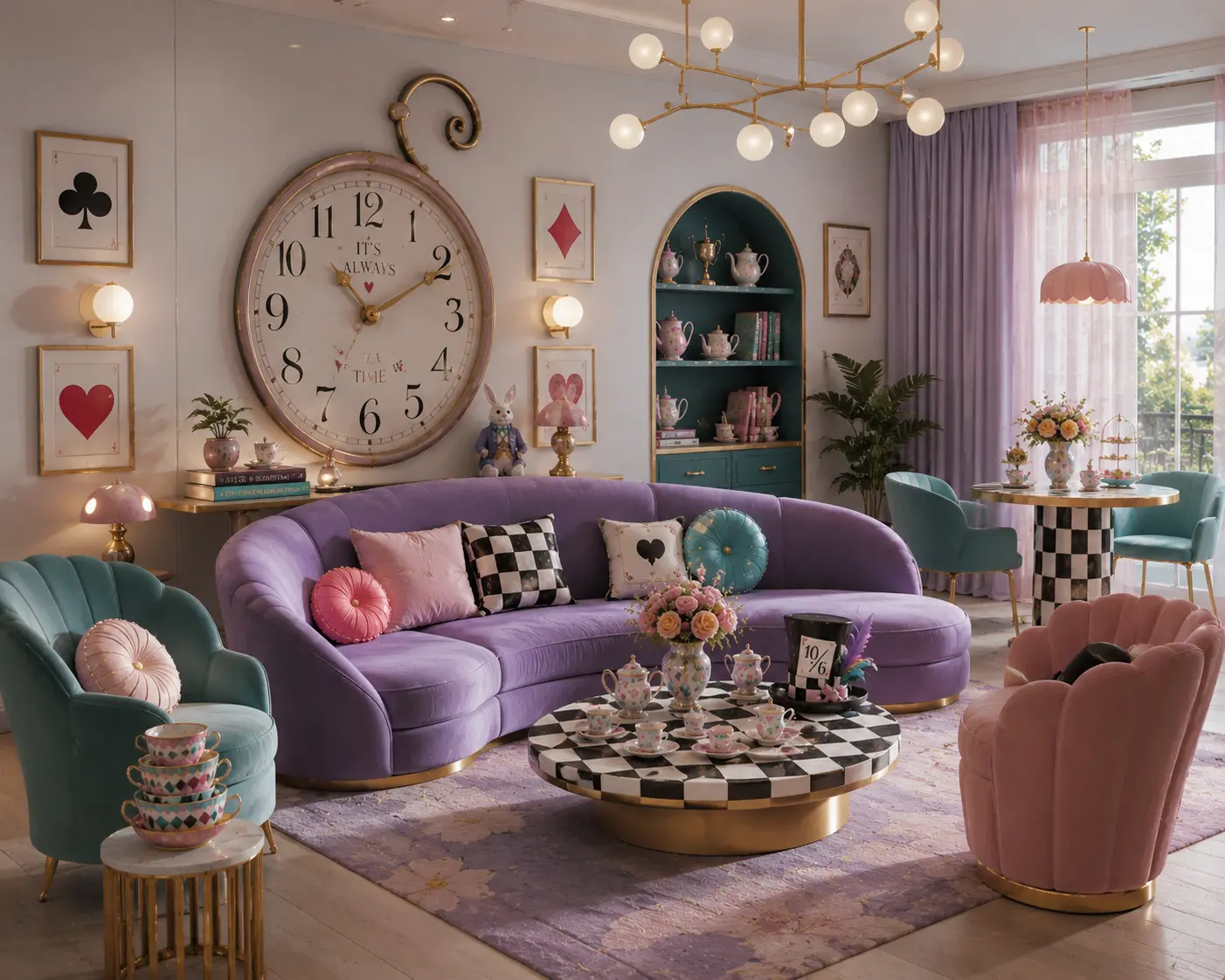 Alice in Wonderland inspired living room featuring a curved lavender sofa, teal and blush pink scalloped accent chairs, a black-and-white checkerboard coffee table, oversized tea-time wall clock, playing card artwork, tea sets, and gold-accented lighting.
