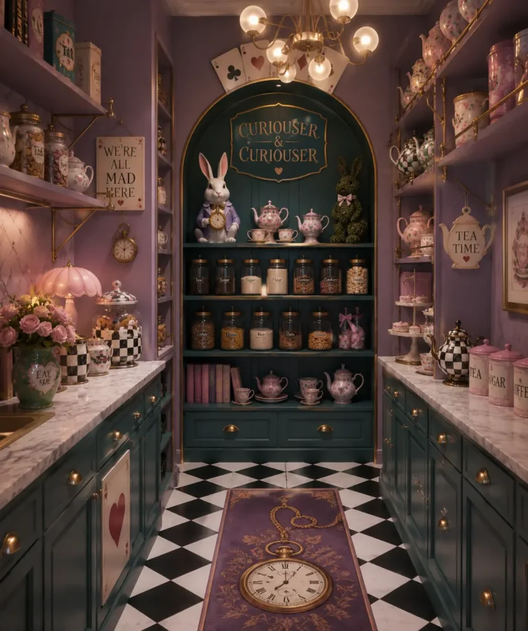 A pantry interior displays lavender shelving, deep teal cabinets, floral tea sets, labeled glass jars, checkerboard flooring, gold hardware, playing card decorations, and a white rabbit figure arranged around a decorative wall sign.