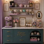 A styled coffee bar displays a lavender espresso machine, floral teacups, lavender shelves, a teal cabinet with gold hardware, checkerboard accessories, syrup bottles, floral arrangements, and a white rabbit figurine arranged beneath decorative Wonderland-inspired artwork.