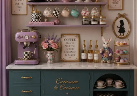 A styled coffee bar displays a lavender espresso machine, floral teacups, lavender shelves, a teal cabinet with gold hardware, checkerboard accessories, syrup bottles, floral arrangements, and a white rabbit figurine arranged beneath decorative Wonderland-inspired artwork.