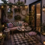 An outdoor patio at dusk features a gold-framed loveseat with decorative pillows, a checkerboard bistro table, lanterns, flowering plants, string lights, wall art, a vintage mirror, and a large wall clock.