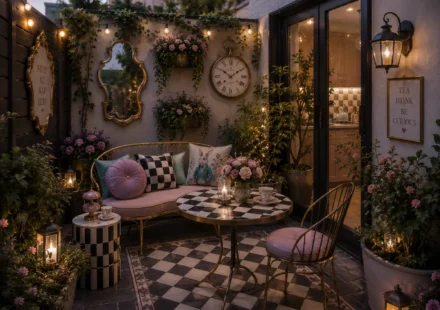 An outdoor patio at dusk features a gold-framed loveseat with decorative pillows, a checkerboard bistro table, lanterns, flowering plants, string lights, wall art, a vintage mirror, and a large wall clock.