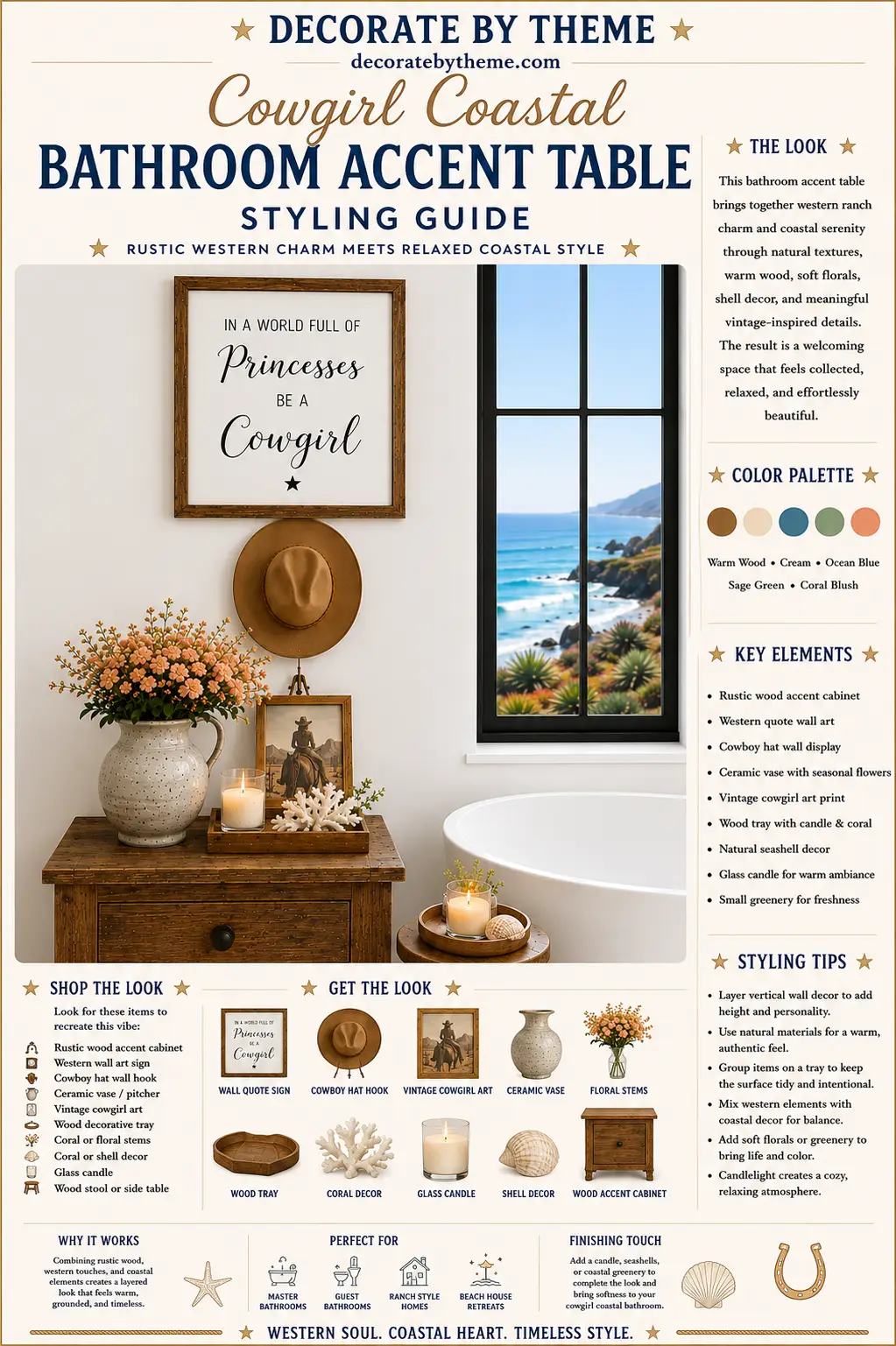 Infographic showing a rustic wood bathroom accent table styled with a ceramic vase of blush flowers, framed cowgirl artwork, cowboy hat wall display, candle, shell decor, and cowgirl coastal decorating tips.