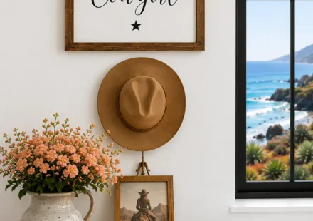 A rustic wood bathroom cabinet is styled with a ceramic vase of blush flowers, a candle, coral decor, a framed cowgirl photograph, and a tan cowboy hat mounted beneath a wall sign, beside a freestanding bathtub and black-framed window overlooking the coastline.