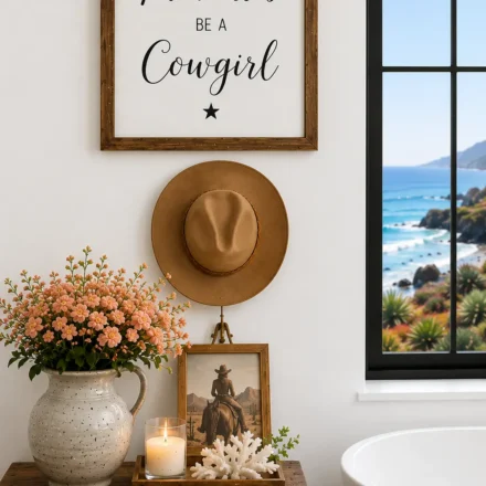A rustic wood bathroom cabinet is styled with a ceramic vase of blush flowers, a candle, coral decor, a framed cowgirl photograph, and a tan cowboy hat mounted beneath a wall sign, beside a freestanding bathtub and black-framed window overlooking the coastline.