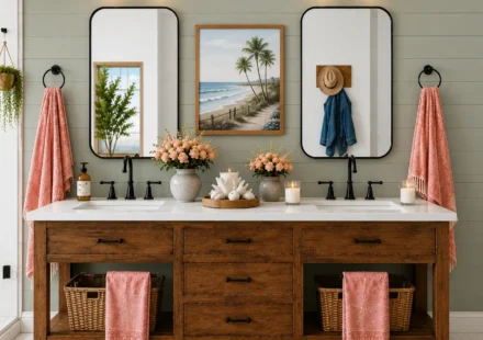 Front-facing view of a rustic wood double vanity with white quartz countertop, black mirrors, brass sconces, coral-patterned hand towels, wicker baskets, pink floral arrangements, coastal wall art, and a denim blue towel hanging beside a cowboy hat on a wall hook.
