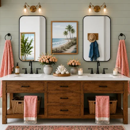 Front-facing view of a rustic wood double vanity with white quartz countertop, black mirrors, brass sconces, coral-patterned hand towels, wicker baskets, pink floral arrangements, coastal wall art, and a denim blue towel hanging beside a cowboy hat on a wall hook.
