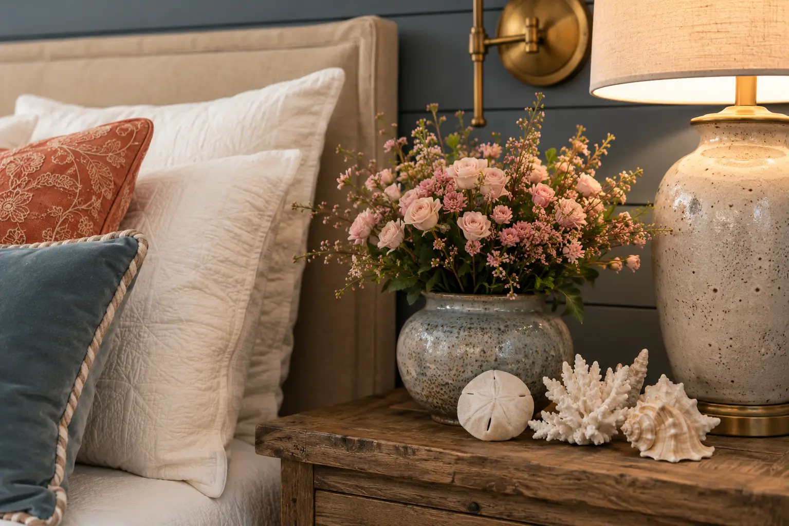 Cowgirl Coastal bedroom nightstand inspired by beach-house comfort and western warmth. Speckled ceramic pottery, blush pink florals, warm white bedding, sea-glass blue accents, rustic wood furniture, brass lighting, and coastal shell details create a collected and welcoming bedside vignette.