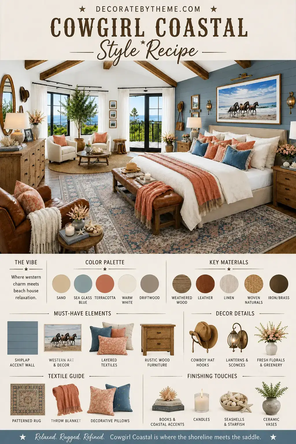Bedroom style recipe infographic showing a Cowgirl Coastal bedroom with color palette, materials, decor elements, textiles, and furniture recommendations.