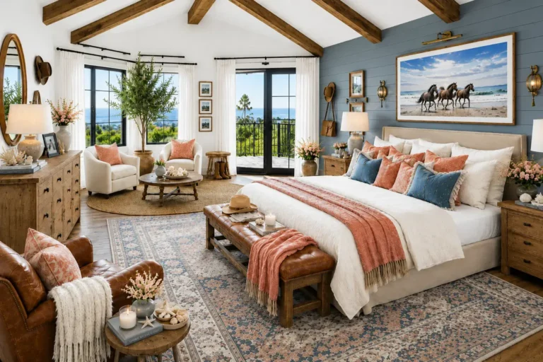 Large bedroom with a warm white bed, terracotta and sea-glass blue pillows, leather bench, rustic wood furniture, white curtains, and coastal horse artwork overlooking an ocean view.