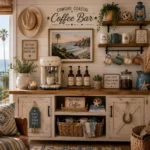 Rustic coffee bar featuring a cream espresso machine, floating wood shelves, hanging mugs, coastal artwork, western signs, wicker baskets, and farmhouse cabinetry decorated with coastal and ranch-themed accessories.