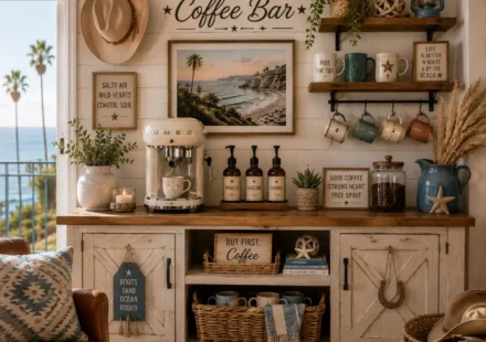 Rustic coffee bar featuring a cream espresso machine, floating wood shelves, hanging mugs, coastal artwork, western signs, wicker baskets, and farmhouse cabinetry decorated with coastal and ranch-themed accessories.