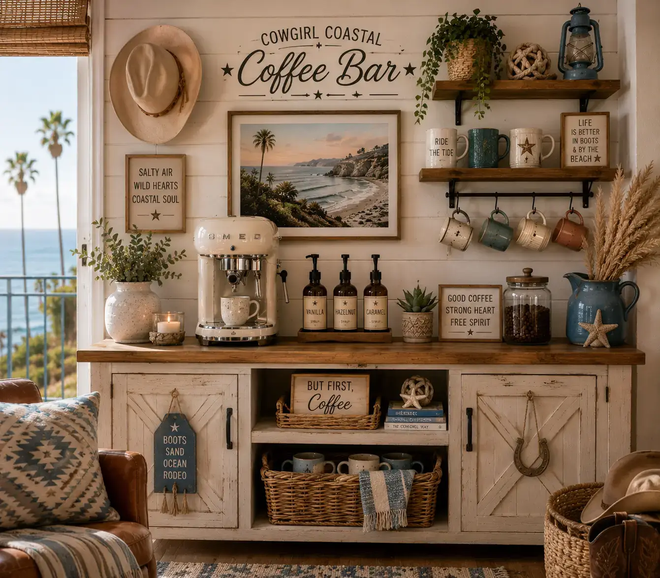 Rustic coffee bar featuring a cream espresso machine, floating wood shelves, hanging mugs, coastal artwork, western signs, wicker baskets, and farmhouse cabinetry decorated with coastal and ranch-themed accessories.