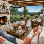Covered outdoor patio featuring a white stone fireplace, cream sectional sofas, terracotta blush and denim blue pillows, rustic wood coffee table, outdoor dining table, lanterns, potted greenery, and open ranch views with grazing horses in the distance.