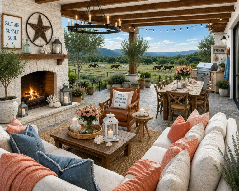 Covered outdoor patio featuring a white stone fireplace, cream sectional sofas, terracotta blush and denim blue pillows, rustic wood coffee table, outdoor dining table, lanterns, potted greenery, and open ranch views with grazing horses in the distance.