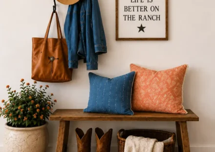 Rustic wood entryway bench styled with a western hat, denim jacket, leather tote bag, ranch wall sign, blue and terracotta throw pillows, cowboy boots, woven basket with a cream throw, ceramic planter, and patterned runner rug against warm white walls.