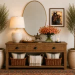 Rustic wood entryway console table styled with a vintage oval mirror, ceramic lamp, coral flowers, brass horse figurine, framed cowgirl and horse artwork, woven baskets, terracotta planters, and greenery in a cowgirl coastal home.