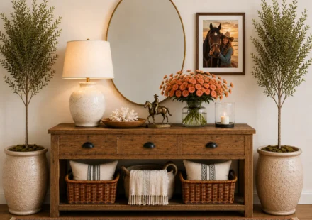 Rustic wood entryway console table styled with a vintage oval mirror, ceramic lamp, coral flowers, brass horse figurine, framed cowgirl and horse artwork, woven baskets, terracotta planters, and greenery in a cowgirl coastal home.