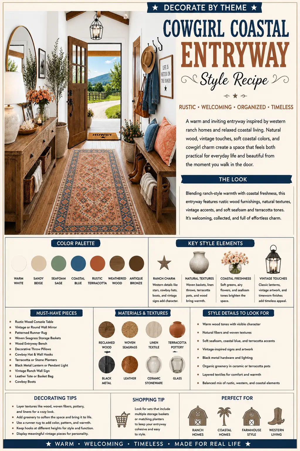 Cowgirl Coastal entryway style recipe infographic featuring a rustic wood console table, vintage runner rug, woven baskets, round mirror, western wall hooks, terracotta planters, coastal-inspired colors, and decorating tips for a welcoming ranch-style foyer.