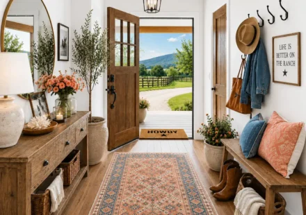 Entryway with a rustic wood console table, patterned runner rug, wooden bench with pillows, wall hooks holding a hat and denim jacket, potted plants, and an open front door overlooking a ranch landscape.