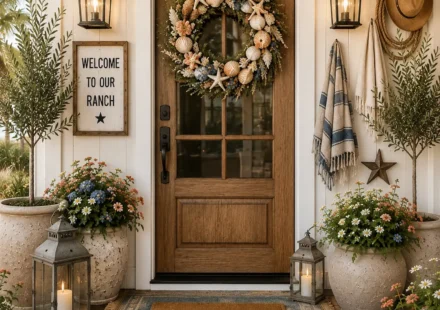 Rustic wood front door decorated with a coastal seashell wreath, black lantern sconces, ranch welcome sign, layered blue outdoor rug and howdy doormat, ceramic planters filled with blue hydrangeas, coral flowers, olive trees, lanterns, and western accessories.
