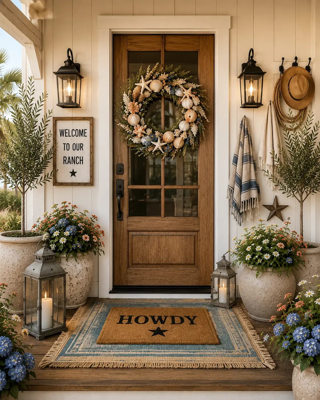 Rustic wood front door decorated with a coastal seashell wreath, black lantern sconces, ranch welcome sign, layered blue outdoor rug and howdy doormat, ceramic planters filled with blue hydrangeas, coral flowers, olive trees, lanterns, and western accessories.
