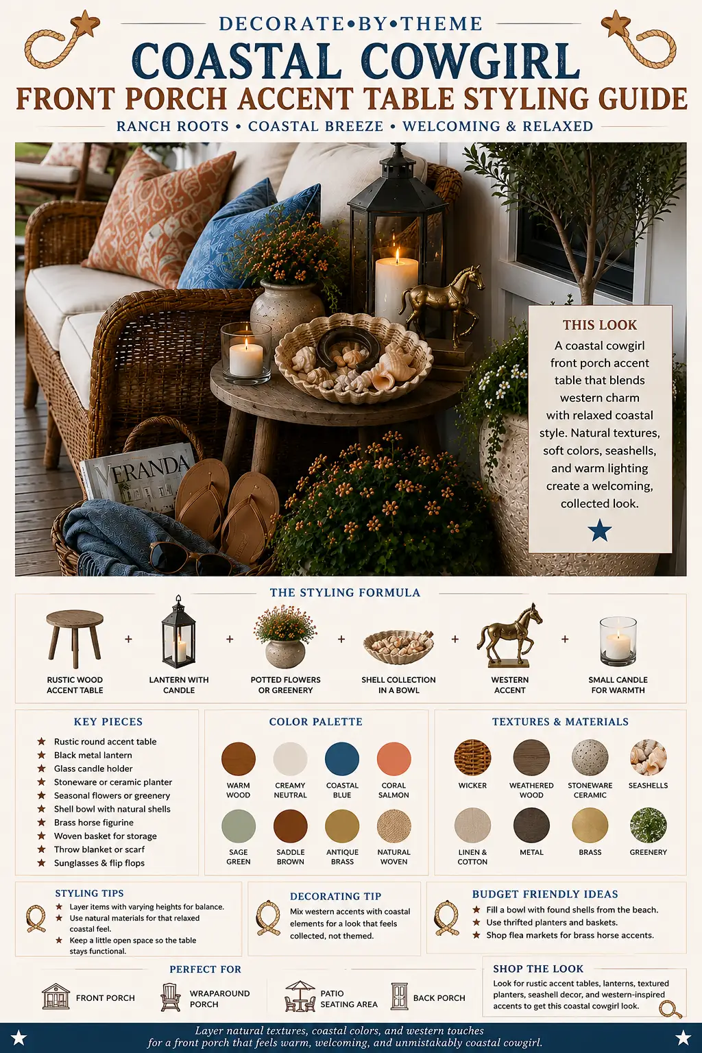Infographic showing a rustic round wood front porch accent table styled with a black lantern candle, shell bowl, brass horse figurine, ceramic planter, coastal seating, woven basket with a throw blanket, sandals, and decorating tips for a cowgirl coastal porch.