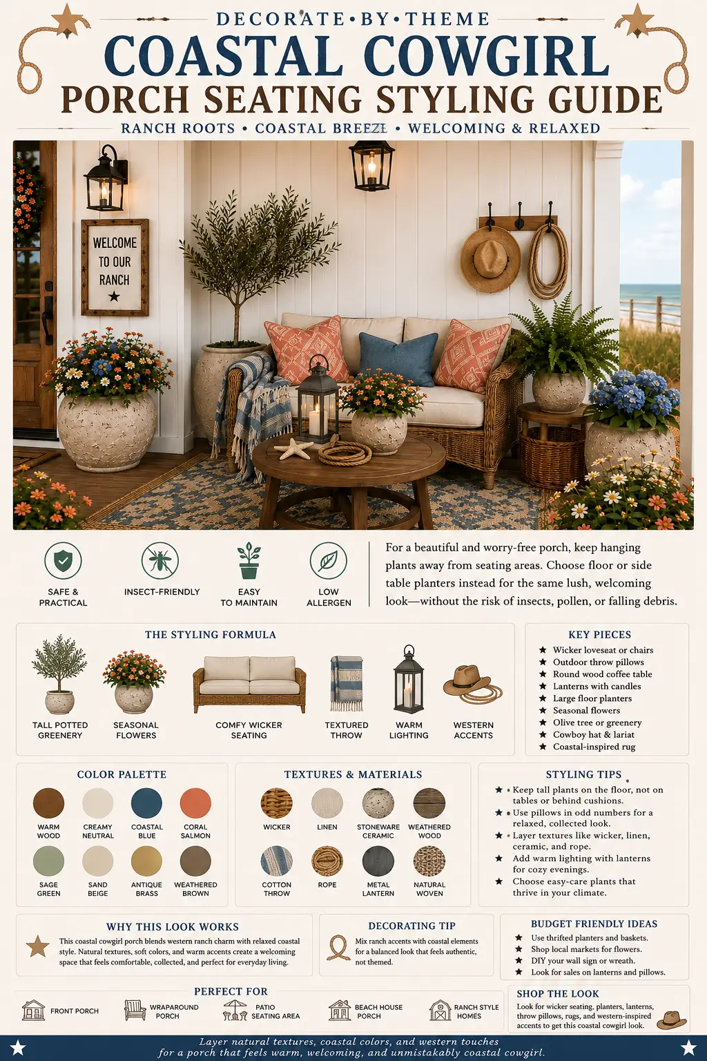 Infographic showing a wicker front porch seating area styled with cream cushions, coastal blue and coral throw pillows, a round wood coffee table, black lantern, seasonal flowers, ceramic planters, olive tree, woven rug, and decorating tips for a cowgirl coastal porch.