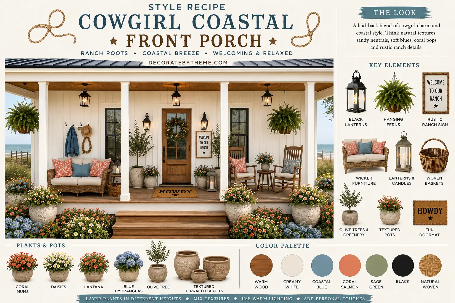 Infographic showing a Cowgirl Coastal Front Porch style recipe with a decorated front porch, key design elements, recommended plants and pots, and a color palette featuring warm wood, creamy white, coastal blue, coral salmon, sage green, black, and natural woven textures.