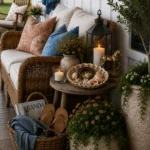 A wicker porch sofa with cream cushions and coral and blue accent pillows sits beside a wooden side table holding candles, a lantern, a brass horse figurine, a vase of flowers, and a shell bowl filled with seashells. A woven basket on the porch floor contains a blue throw blanket, sunglasses, flip-flops, and a magazine.