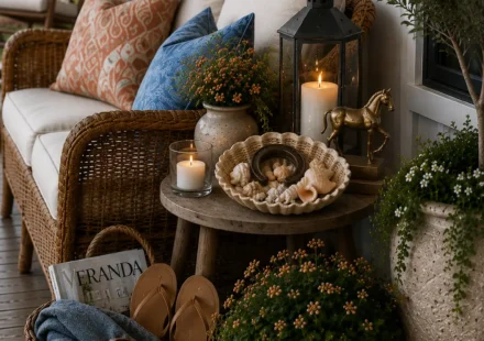 A wicker porch sofa with cream cushions and coral and blue accent pillows sits beside a wooden side table holding candles, a lantern, a brass horse figurine, a vase of flowers, and a shell bowl filled with seashells. A woven basket on the porch floor contains a blue throw blanket, sunglasses, flip-flops, and a magazine.
