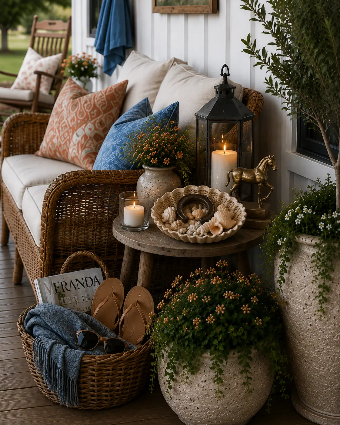 A wicker porch sofa with cream cushions and coral and blue accent pillows sits beside a wooden side table holding candles, a lantern, a brass horse figurine, a vase of flowers, and a shell bowl filled with seashells. A woven basket on the porch floor contains a blue throw blanket, sunglasses, flip-flops, and a magazine.