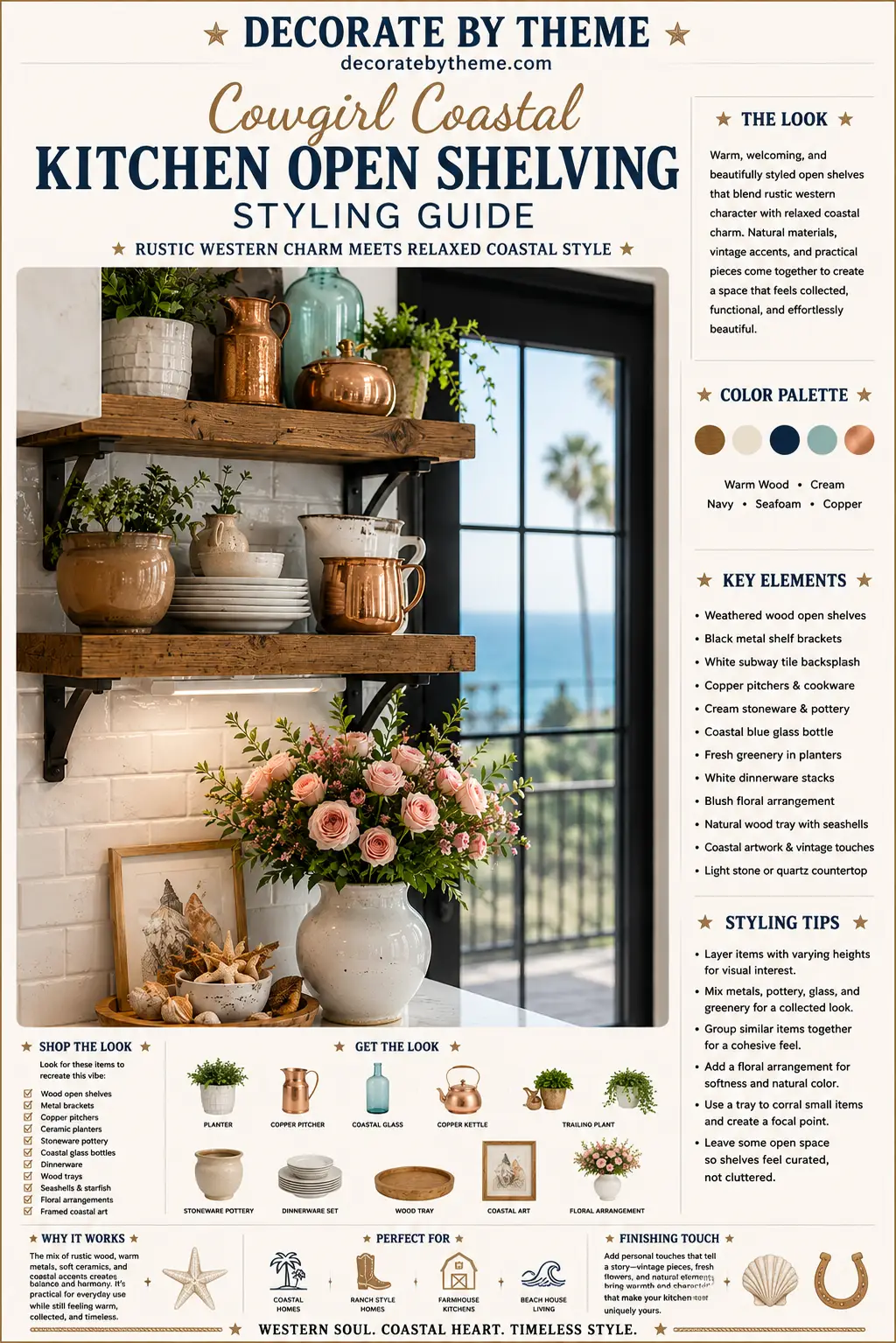 Infographic showing rustic wood kitchen open shelves styled with copper pitchers, cream stoneware, white dinnerware, coastal glass bottles, greenery, blush flowers, seashell decor, and cowgirl coastal decorating tips.