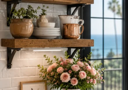 Open rustic wood shelves display copper pitchers, ceramic dishware, glass bottles, and potted greenery above a white subway tile backsplash, while a white ceramic vase filled with pink roses sits beside a tray of shells on a white quartz countertop near a black-framed ocean-view window.
