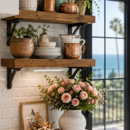Open rustic wood shelves display copper pitchers, ceramic dishware, glass bottles, and potted greenery above a white subway tile backsplash, while a white ceramic vase filled with pink roses sits beside a tray of shells on a white quartz countertop near a black-framed ocean-view window.