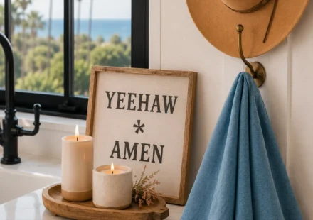 A tan cowboy hat hangs from a brass wall hook beside a blue linen kitchen towel, while a framed “Yeehaw Amen” sign and two candles sit on a wooden tray atop a white quartz countertop near a black-framed window overlooking palm trees and the ocean.