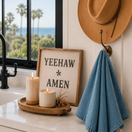 A tan cowboy hat hangs from a brass wall hook beside a blue linen kitchen towel, while a framed “Yeehaw Amen” sign and two candles sit on a wooden tray atop a white quartz countertop near a black-framed window overlooking palm trees and the ocean.