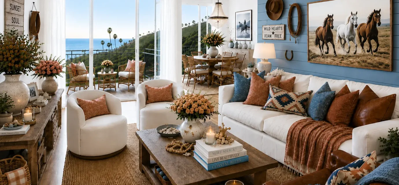 A coastal-inspired living room features a white sofa with rust and blue accent pillows, two cream swivel chairs, a wood coffee table, woven rug, leather chair, ocean-view balcony, and framed horse artwork above a blue accent wall.