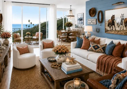 A coastal-inspired living room features a white sofa with rust and blue accent pillows, two cream swivel chairs, a wood coffee table, woven rug, leather chair, ocean-view balcony, and framed horse artwork above a blue accent wall.