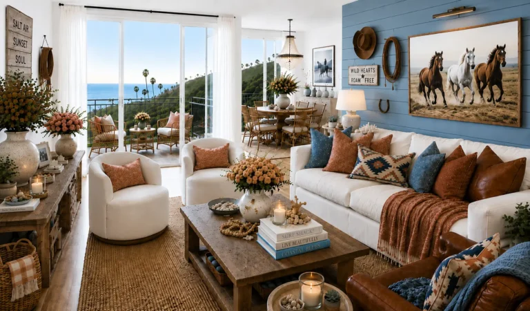 A coastal-inspired living room features a white sofa with rust and blue accent pillows, two cream swivel chairs, a wood coffee table, woven rug, leather chair, ocean-view balcony, and framed horse artwork above a blue accent wall.