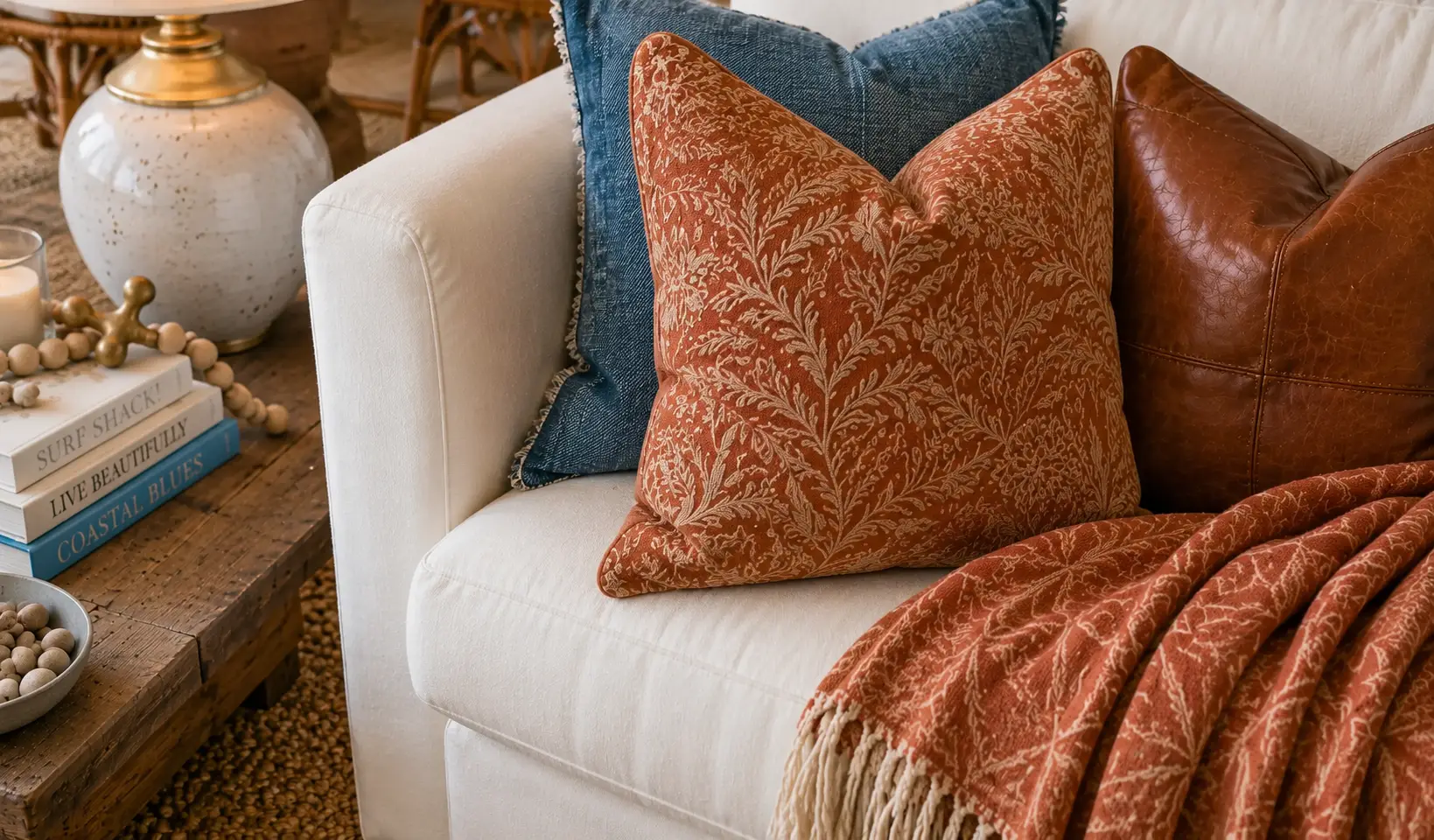 Close-up of a white upholstered sofa styled with rust-colored patterned pillows, a denim blue cushion, a brown leather pillow, and a rust throw blanket beside a rustic wood coffee table with books, beads, candles, and a ceramic lamp.