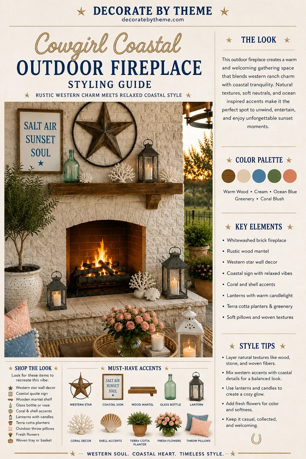 Infographic showing a whitewashed brick outdoor fireplace styled with a rustic wood mantel, western star wall art, coastal sign, lanterns, coral decor, blush roses, woven textures, and cowgirl coastal decorating tips.