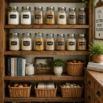 Open rustic wood pantry shelves styled with labeled glass pantry canisters, woven storage baskets, ceramic crocks, potted greenery, books, and a vintage horse print against white shiplap walls.
