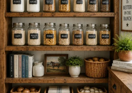 Open rustic wood pantry shelves styled with labeled glass pantry canisters, woven storage baskets, ceramic crocks, potted greenery, books, and a vintage horse print against white shiplap walls.