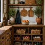 Cowgirl coastal pantry storage wall with rustic wood shelves, woven baskets, ceramic crocks, cutting boards, glass cookie jar, potted greenery, and open cubby basket storage beneath a wood countertop.