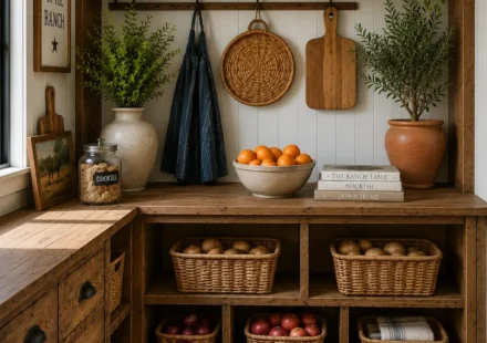 Cowgirl coastal pantry storage wall with rustic wood shelves, woven baskets, ceramic crocks, cutting boards, glass cookie jar, potted greenery, and open cubby basket storage beneath a wood countertop.
