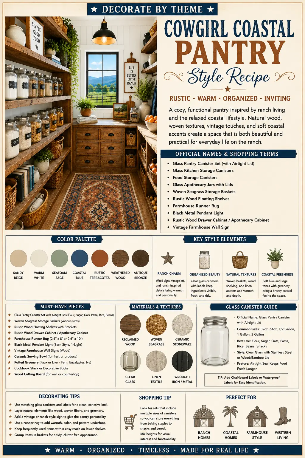 Infographic featuring a cowgirl coastal pantry with rustic wood shelving, labeled glass pantry canisters, woven baskets, white shiplap walls, a vintage runner rug, black metal pendant light, and farmhouse storage ideas.