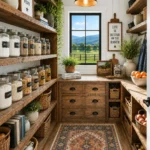 Walk-in pantry with rustic wood shelving, labeled glass storage jars, woven baskets, wooden drawers, a patterned runner rug, and a window overlooking a fenced ranch landscape.